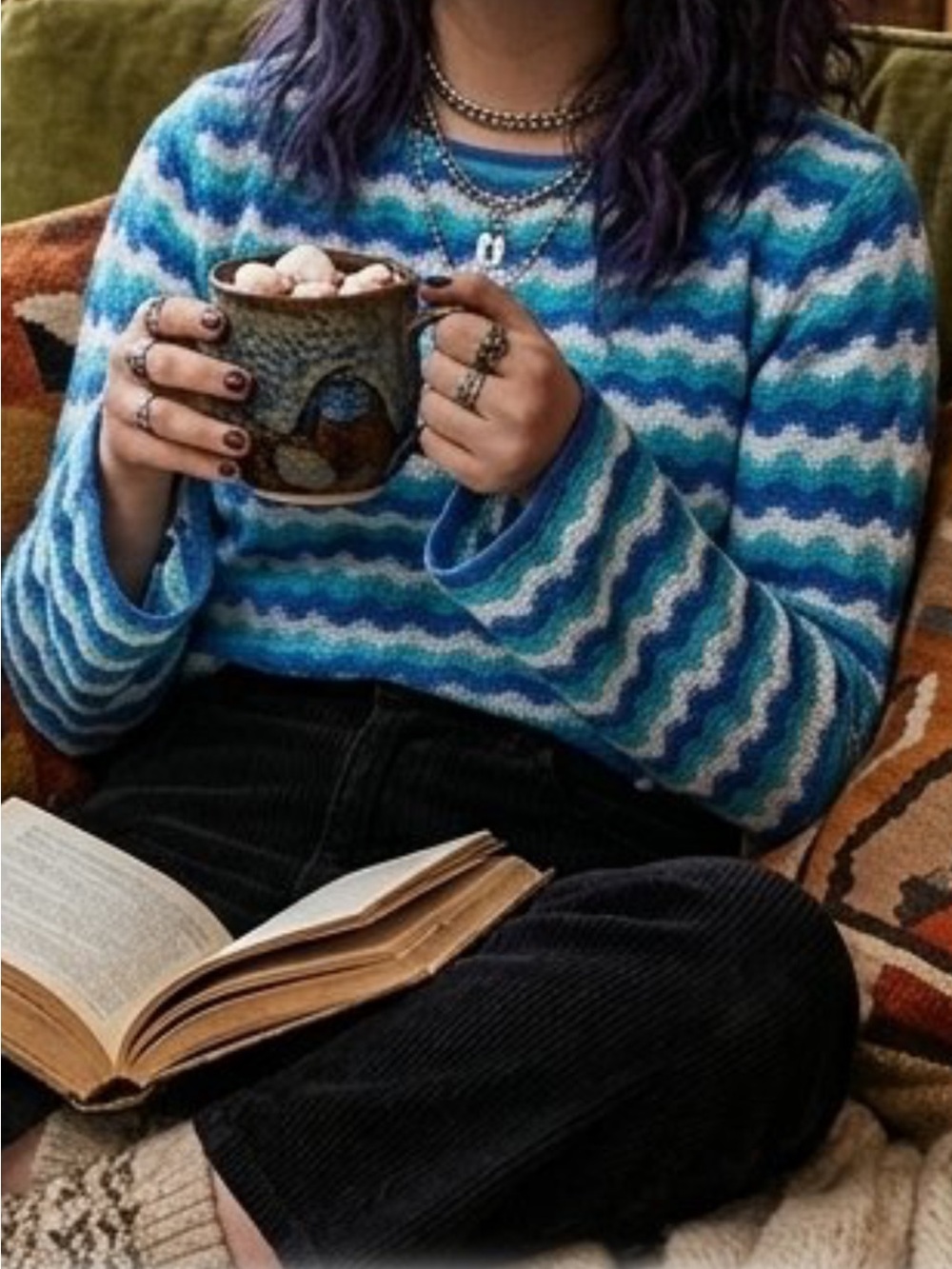Cruel Girl Blue Wave Stripe Crewneck Sweater